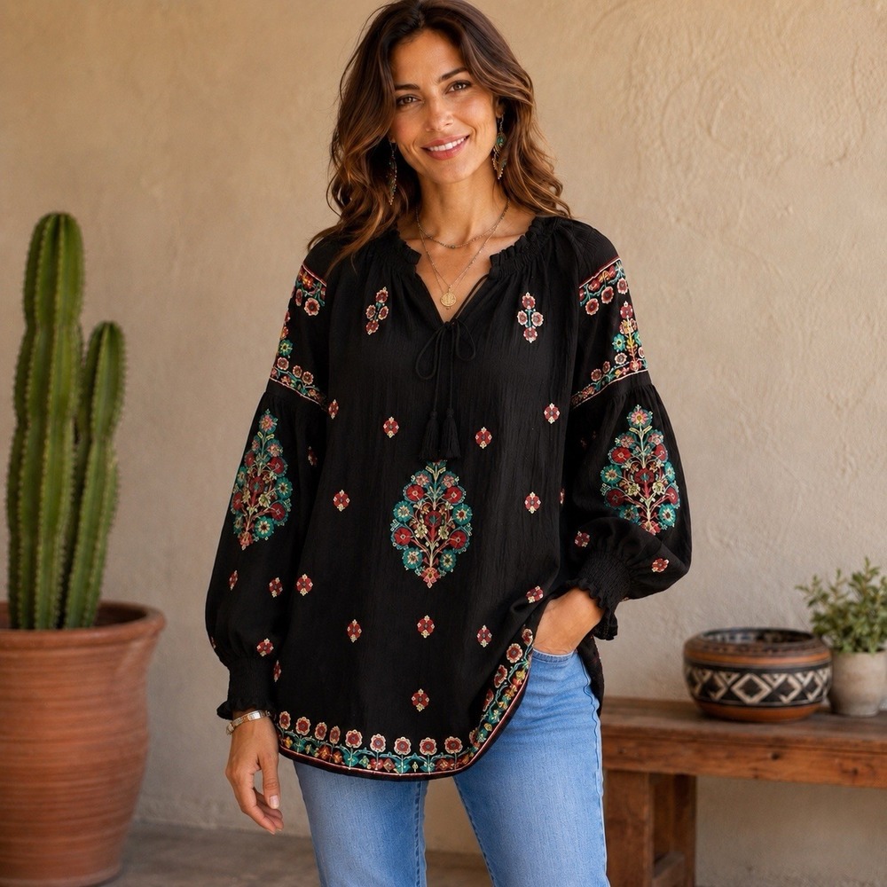 Tolani XL Black 100% Cotton Embroidered Boho Tunic Peasant Blouse Floral Top